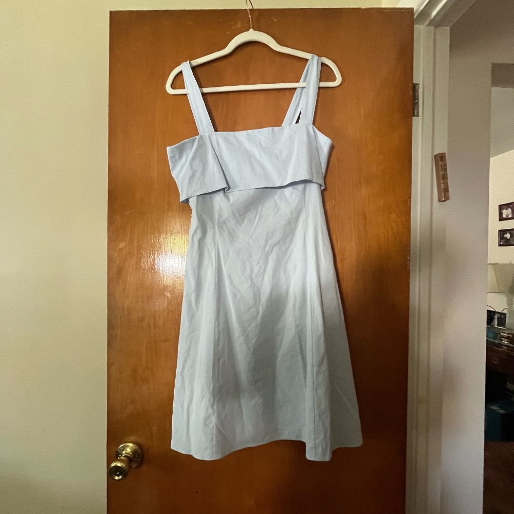 Theory Drape Back Eco Crunch Linen Blue Mini Dress Size 8